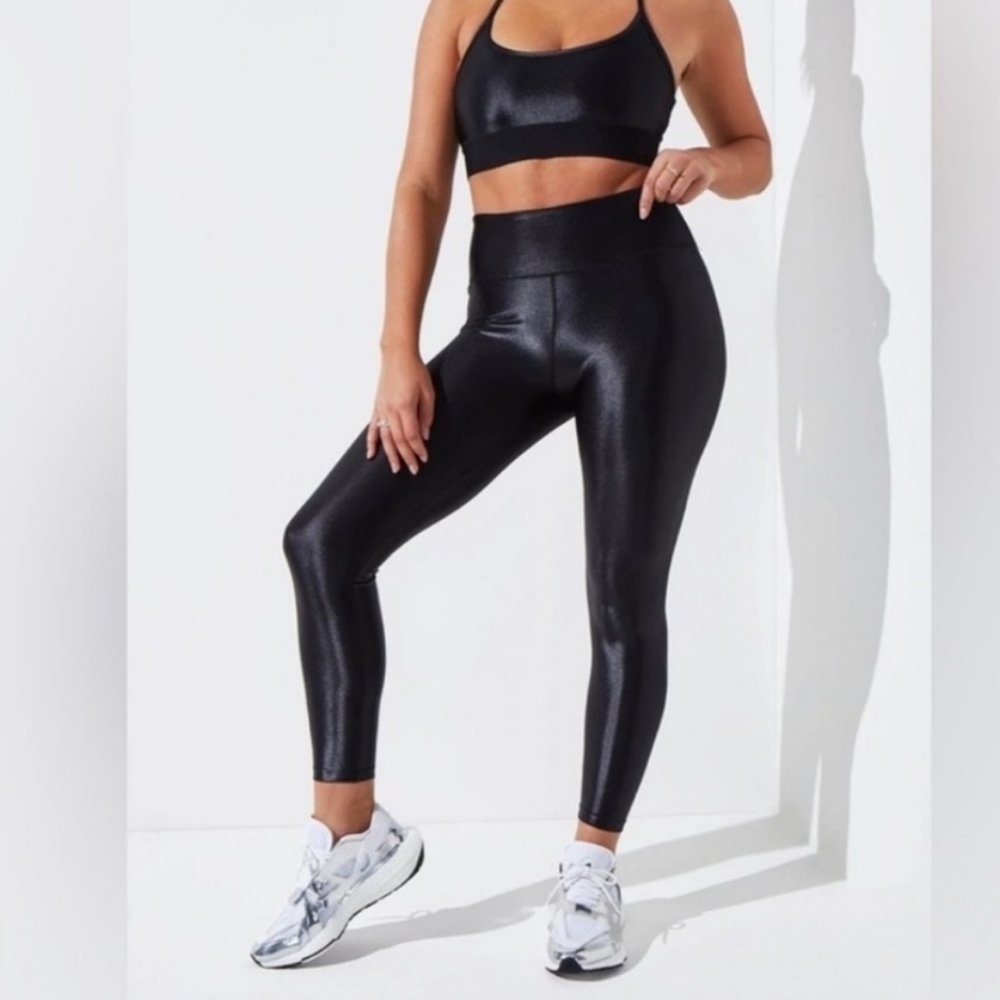 NEW Noli Athletic Brazilian Lycra Fabric Liquid 7/8 Legging in Black Gloss Large